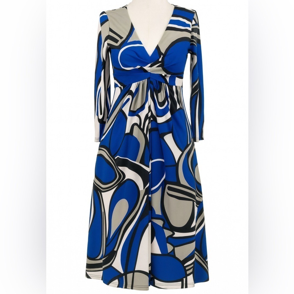 Bisou Bisou Blue Abstract Swirl Dress Size 6 Y2K Mod Office Chic Stretch